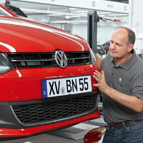 Ein Mechaniker prüft die Stoßstange eines roten Volkswagen in einer Autowerkstatt.